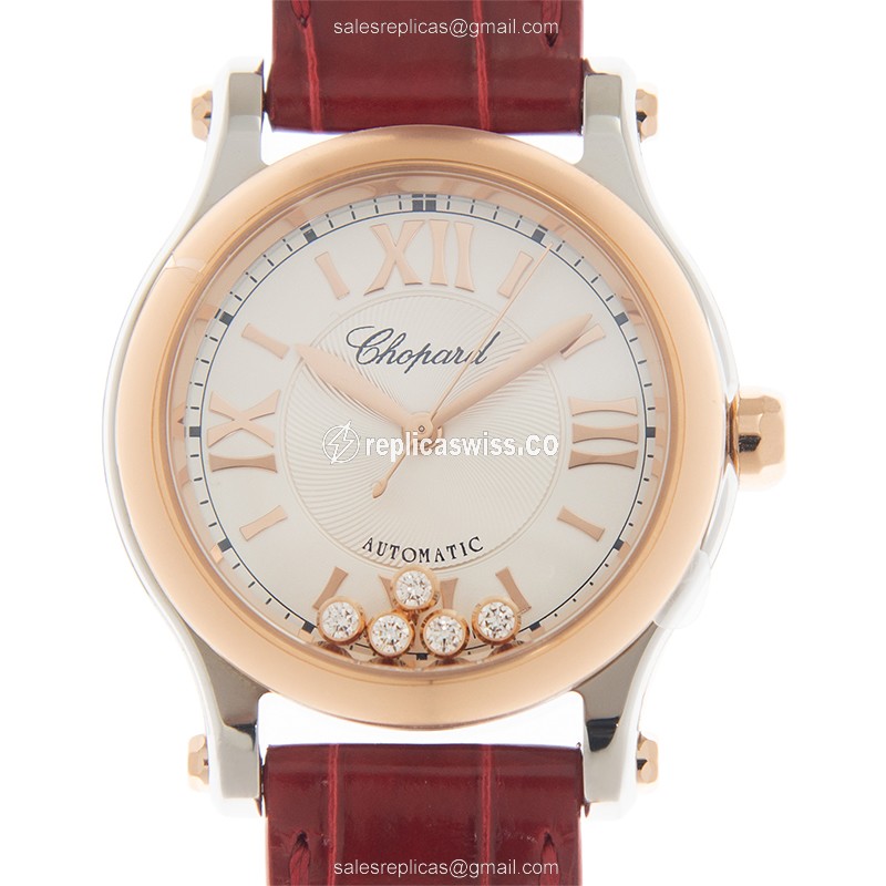 Chopard Happy Sport Replica - Auto - 18kt Rose Gold - Silver Dial - Red Alligator Strap